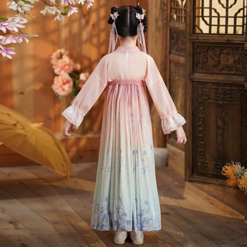 Girls pink gradient chinese folk dance costumes kids ancient traditional fairy princess hanfu film cosplay kimono dress for children